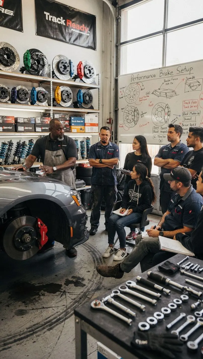 Technician inspecting advanced suspension system components on a premium vehicle inside a Los Angeles Cipher auto repair shop